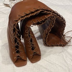 NWOT Fashion nova Over the Knee Lace up Open toe Boots